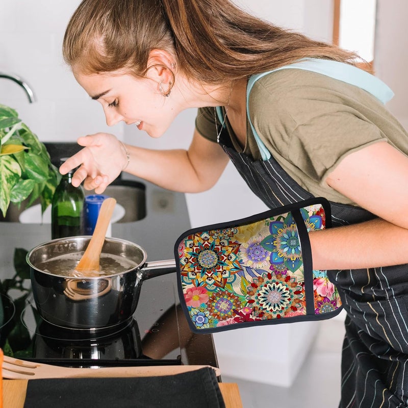 HUGANE Boho Floral Oven Mitts Set, Vintage Luxury Colorful Flower Floral Heat Resistant Kitchen Oven Gloves for Baking and Cooking,Pot Holders - Image 4